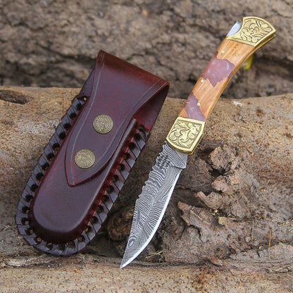 Boltedge Handmade Damascus Pocket Knife with Leather Sheath & Exotic Olive Wood