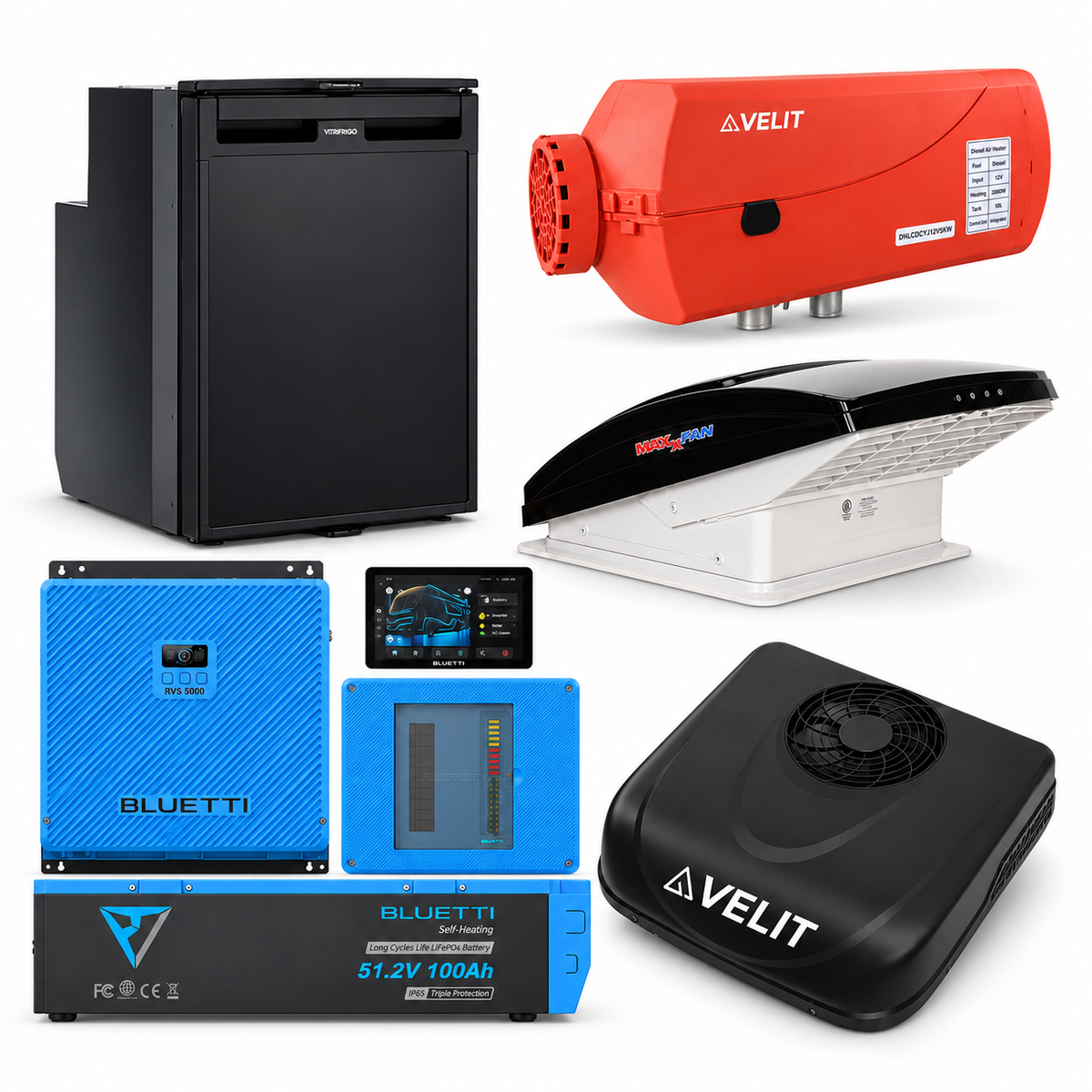 BLUETTI 5kWh RVSolar 48V Power System + VELIT 2000R 48V A/C + VELIT Air Heater + Dometic CRX 80U + Vent Fan