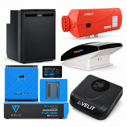 BLUETTI 5kWh RVSolar 48V Power System + VELIT 2000R 48V A/C + VELIT Air Heater + Dometic CRX 80U + Vent Fan