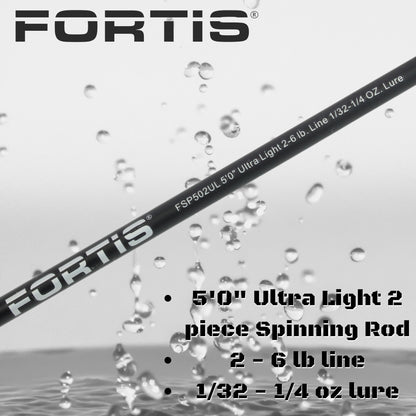 5' Ultra Light Action Spinning Rod and Reel Package, 2 Piece Fiberglass/Graphite Spinning Rod  |2000 Spinning Reel | FORTIS