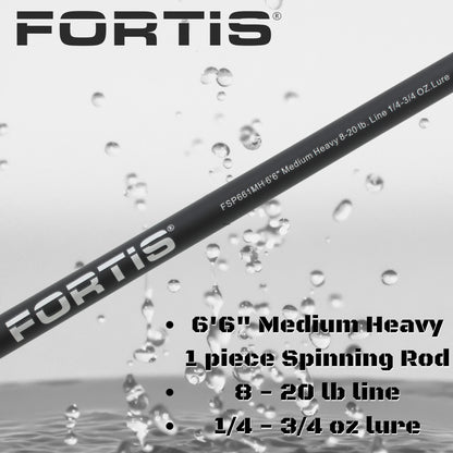 6'6" Medium Heavy Action Spinning Rod and Reel Package, 1 Piece Fiberglass/Graphite Spinning Rod  |4000 Spinning Reel | FORTIS