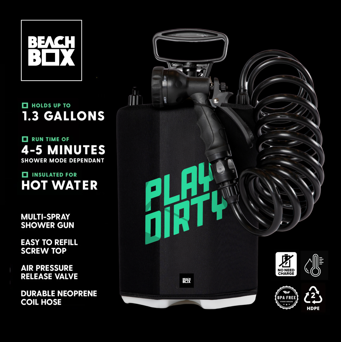 BeachBox Portable Camping Shower Tank - Play Dirty / Black