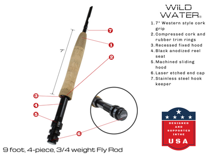 3/4 weight Fly Rod, 9ft | 4 Piece | Wild Water Fly Fishing