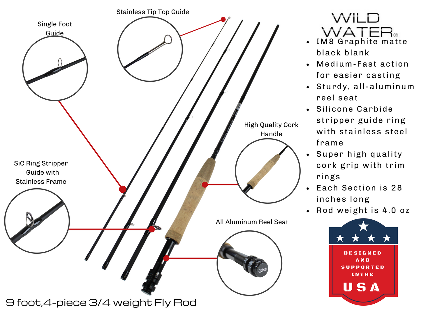 3/4 weight Fly Rod, 9ft | 4 Piece | Wild Water Fly Fishing