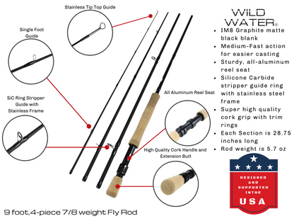 7/8 weight Fly Rod, 9ft | 4 Piece | Wild Water Fly Fishing