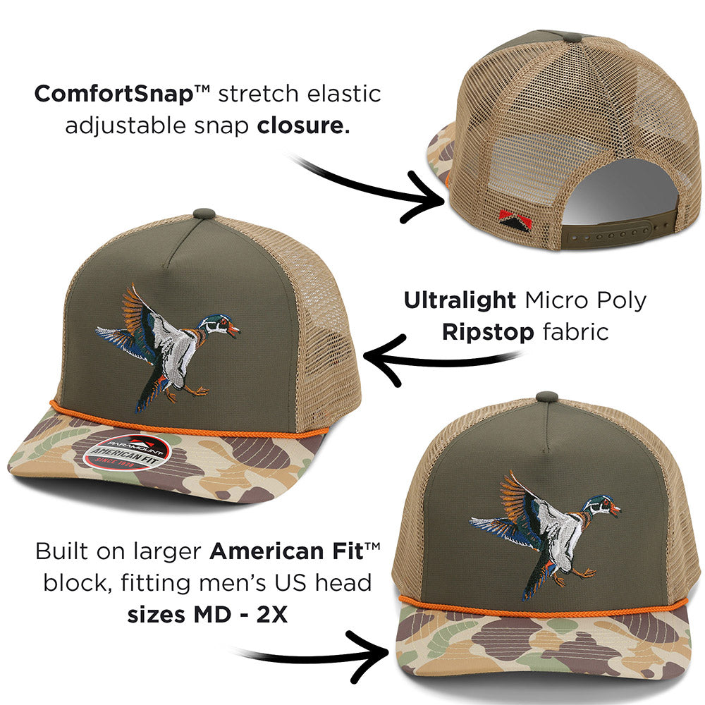 Wood Duck Hat Rope Cap 5-Panel Ridgeline Mesh Back