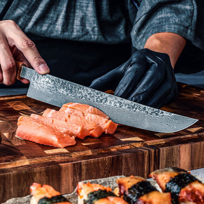 Prime Custom Japanese Slicer Knife with Exotic Olive Wood Burl Handle