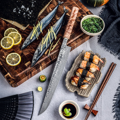 Prime Custom Japanese Slicer Knife with Exotic Olive Wood Burl Handle