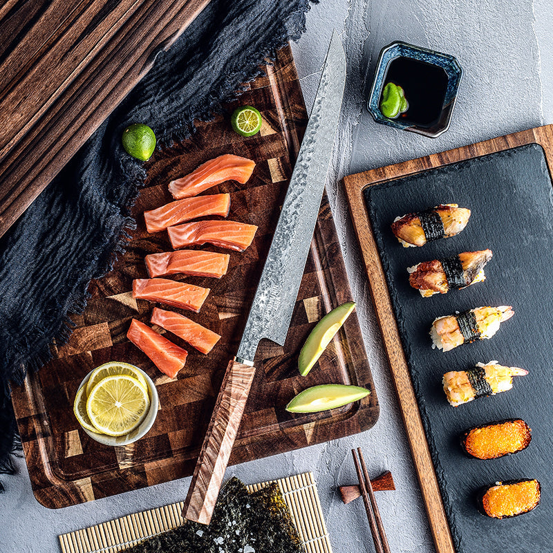 Prime Custom Japanese Slicer Knife with Exotic Olive Wood Burl Handle