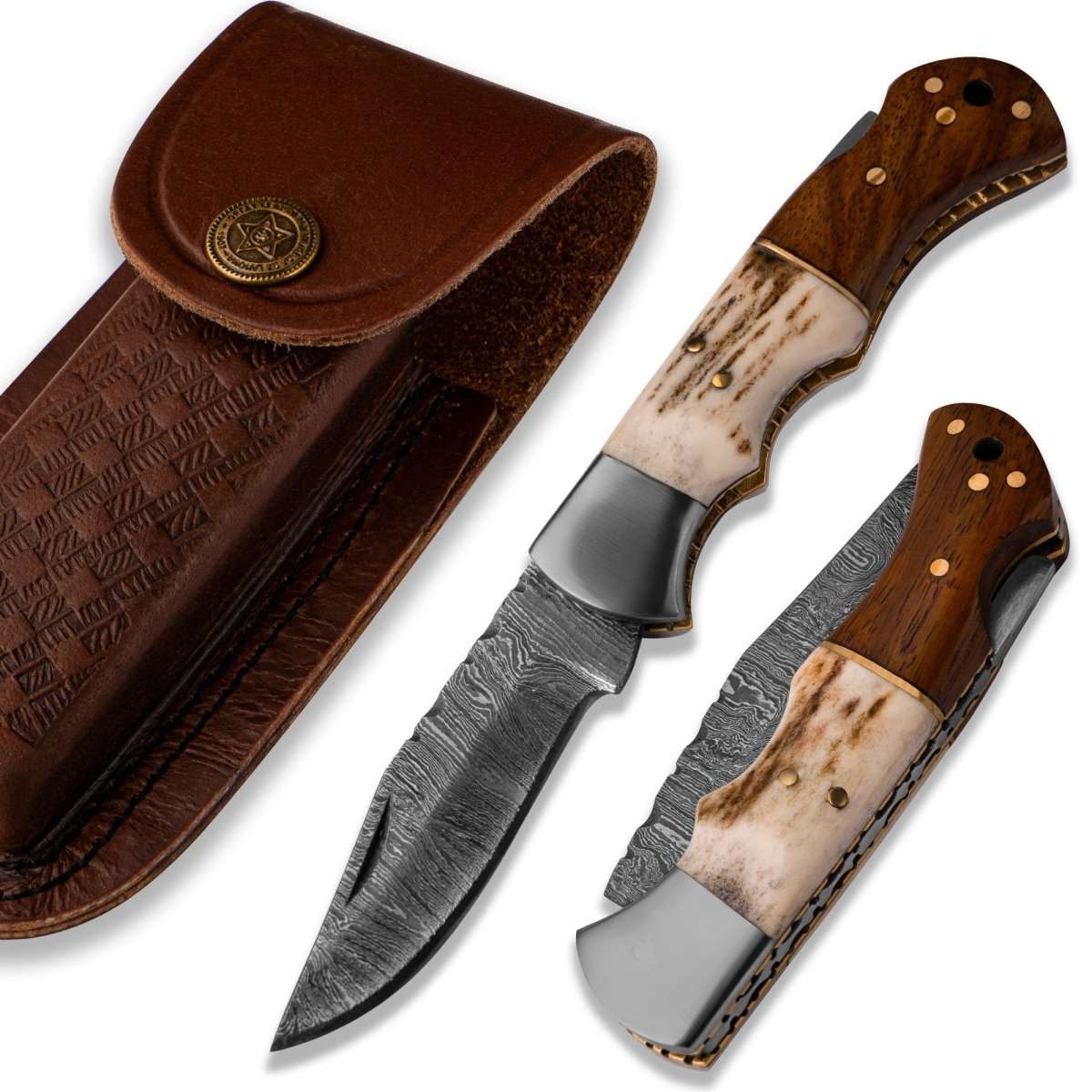 Echo Damascus Pocket Knife with Stag Horn/Antler & Rosewood Handle