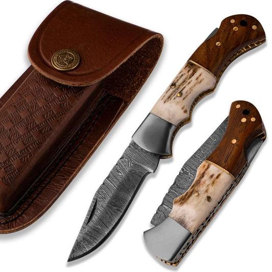 Echo Damascus Pocket Knife with Stag Horn/Antler & Rosewood Handle