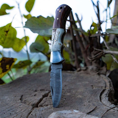 Echo Damascus Pocket Knife with Stag Horn/Antler & Rosewood Handle