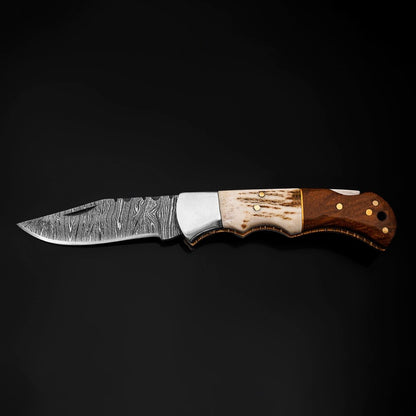 Echo Damascus Pocket Knife with Stag Horn/Antler & Rosewood Handle
