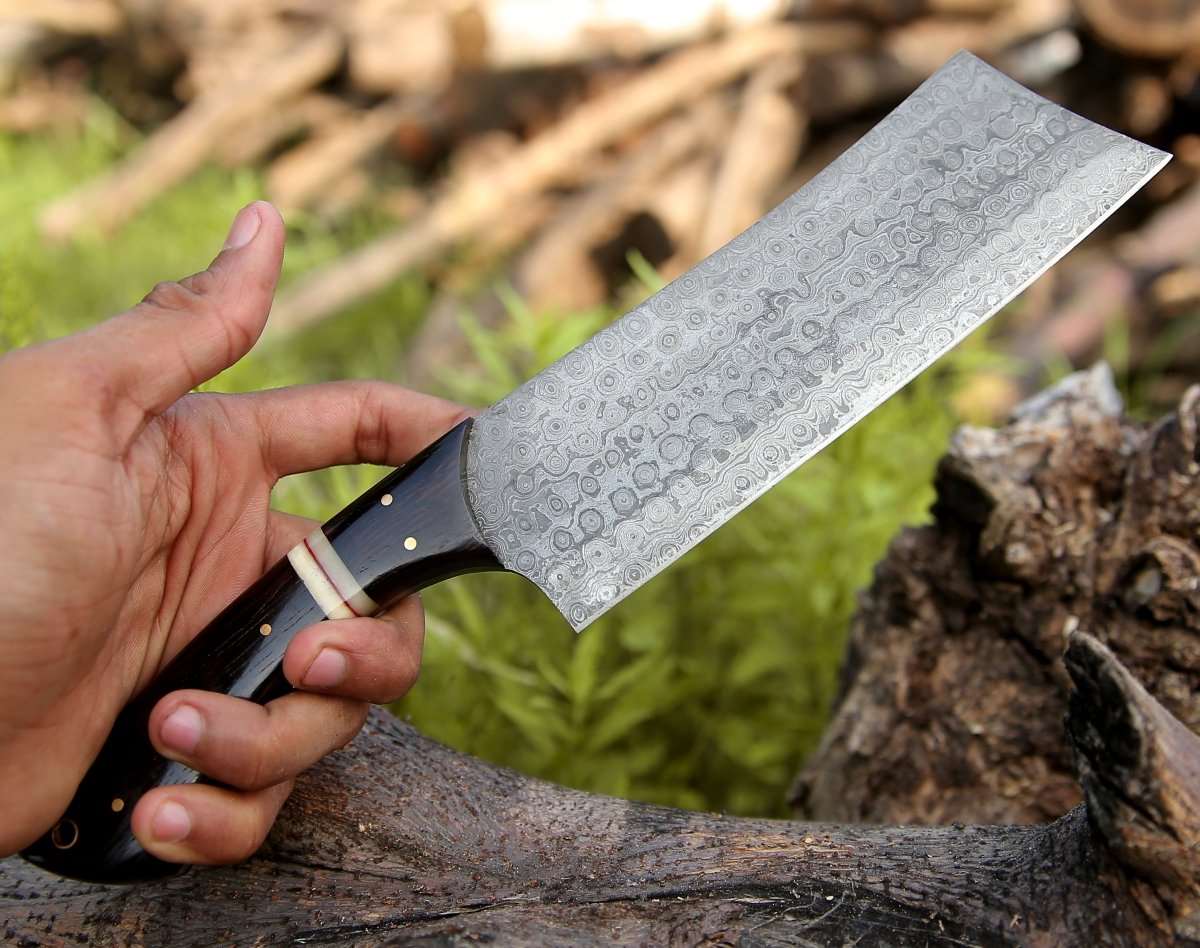 Ember Damascus Cleaver Knife with Bone & Exotic Wenge Wood Handle