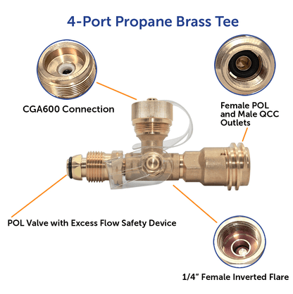 4 Port Brass Tee Propane Adapter - Flame King