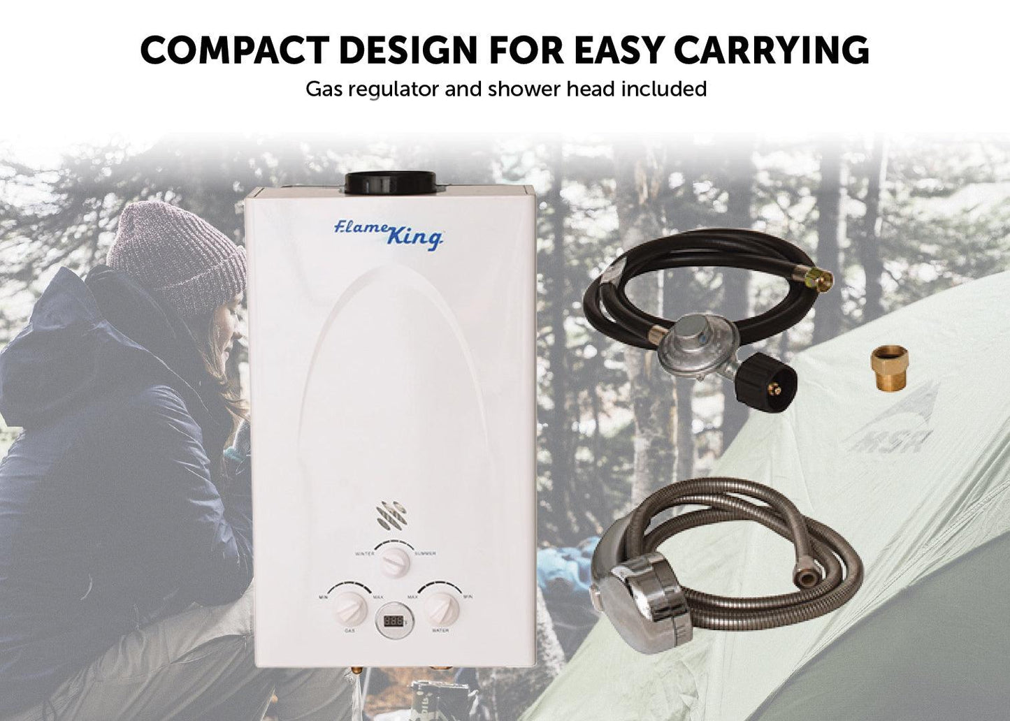 Flame King Tankless Outdoor Portable Camping Hot Shower Propane Gas 10L 2.64GPM Water Heater 68,000 BTU