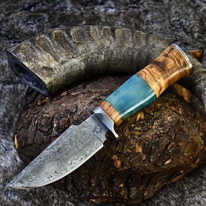 Frost Damascus Hunting Knife with Olive Wood & Bone Handle