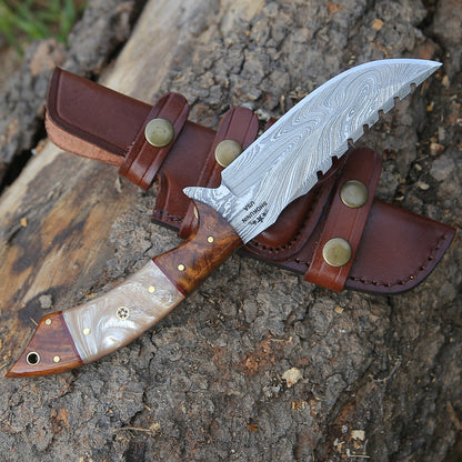 Ravager Handmade Damascus Knife with Mother of Pearl Resin & Rosewood Handle