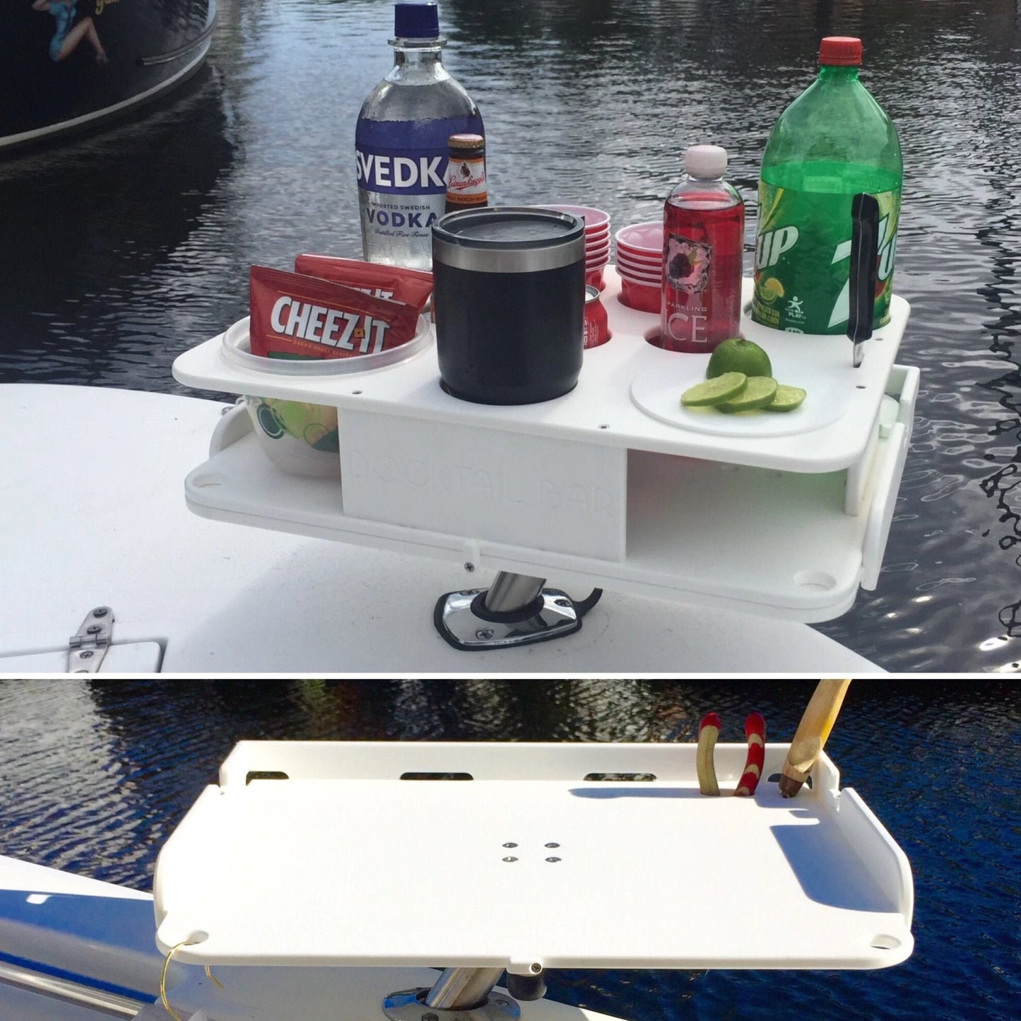 The Docktail Boat Table Caddy plus Bait Table Includes All Angle Adjustable Rod Holder Mount