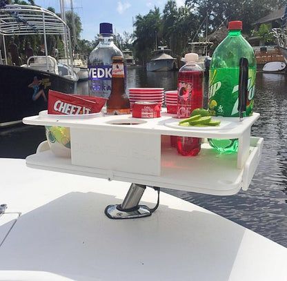 The Docktail Boat Table Caddy plus Bait Table Includes All Angle Adjustable Rod Holder Mount