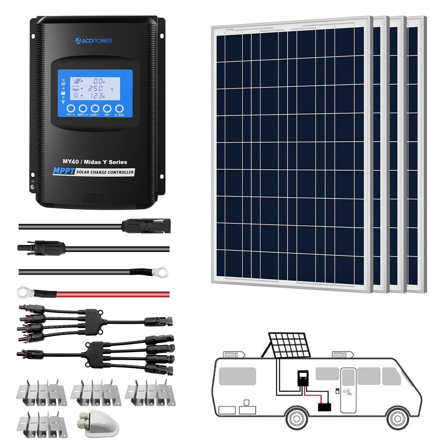 ACOPOWER 12V Polycrystalline Solar RV Kits + MPPT / PWM Charge Controller