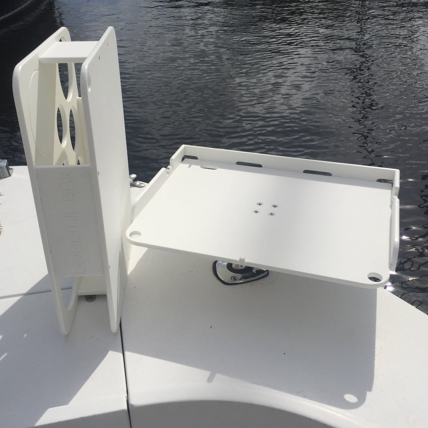 The Docktail Boat Table Caddy plus Bait Table Includes All Angle Adjustable Rod Holder Mount