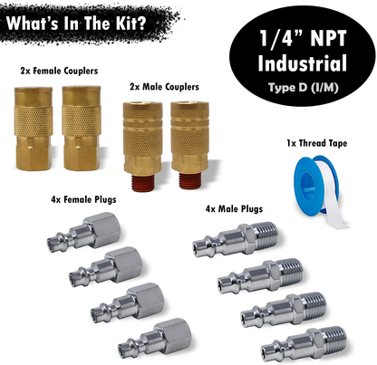 Industrial Quick Connect Air Fittings | Plug & Coupler Kit - 1/4" NPT (Set of 12)