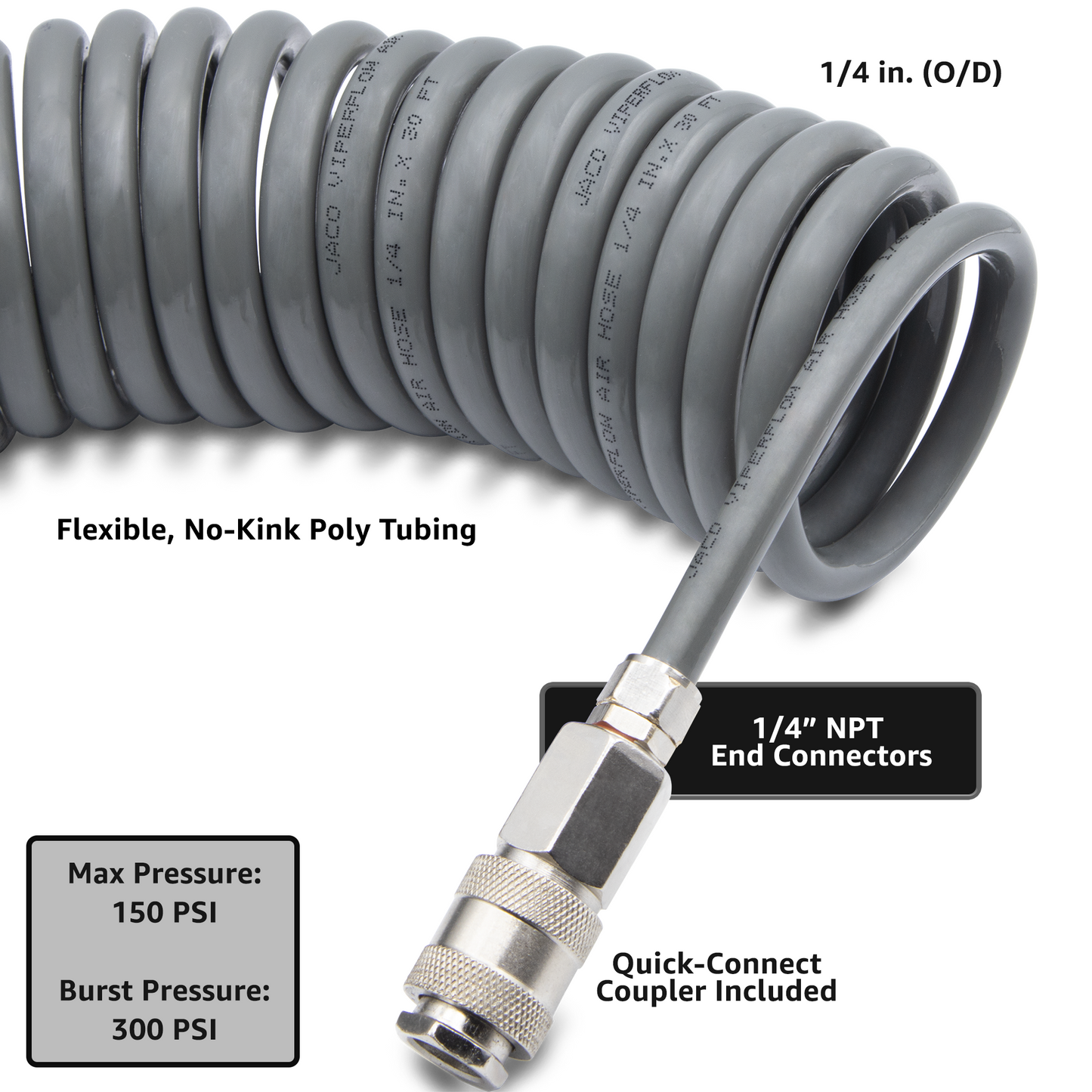 Polyurethane Coiled Air Hose Kit - 1/4" x 30 ft | with Air Compressor Fittings