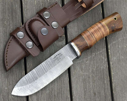 Miracle Damascus Hunting Knife with Stacked Leather Handle