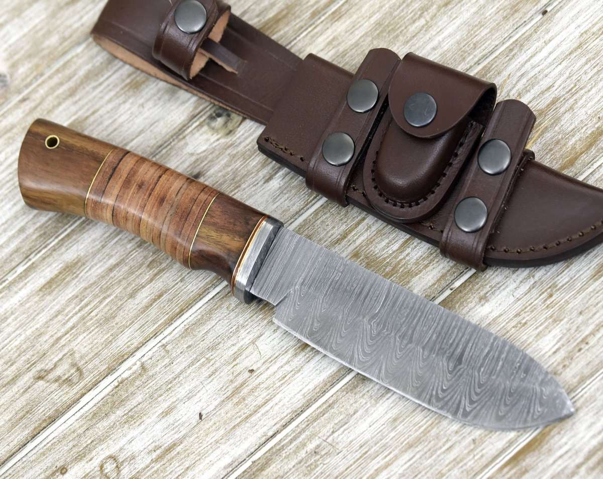 Miracle Damascus Hunting Knife with Stacked Leather Handle
