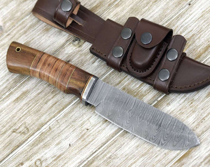 Miracle Damascus Hunting Knife with Stacked Leather Handle