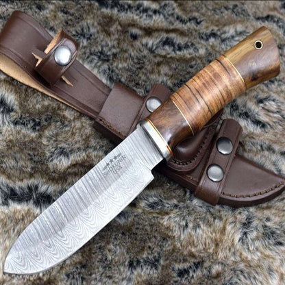 Miracle Damascus Hunting Knife with Stacked Leather Handle