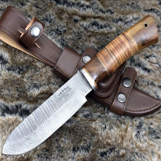Miracle Damascus Hunting Knife with Stacked Leather Handle