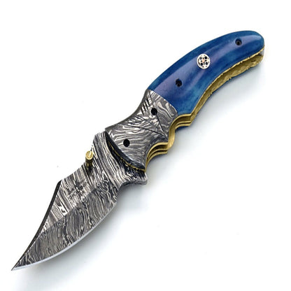 Nebula Damascus Pocket Knife with Bone Handle