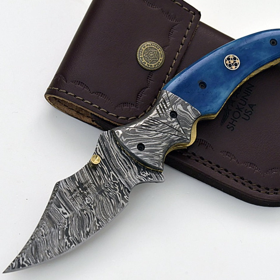 Nebula Damascus Pocket Knife with Bone Handle