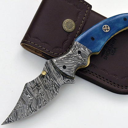 Nebula Damascus Pocket Knife with Bone Handle