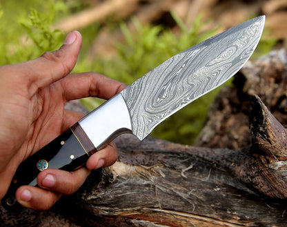Nimbus Damascus Hutning Knife with Horn & Rose Wood Handle