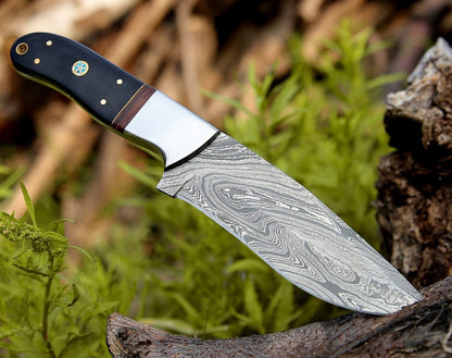 Nimbus Damascus Hutning Knife with Horn & Rose Wood Handle