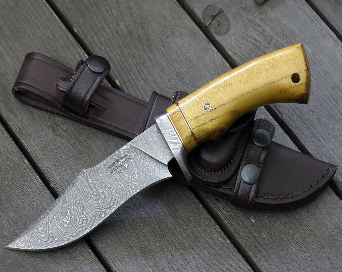 Odyssey Damascus Hunting Knife with Exotic Yellow Heart Handle