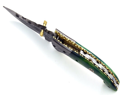 Omni Damascus Pocket Knife with Bone handle & Sheath