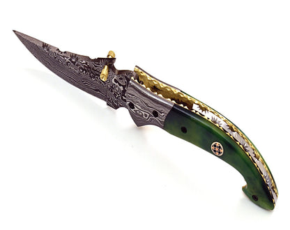 Omni Damascus Pocket Knife with Bone handle & Sheath