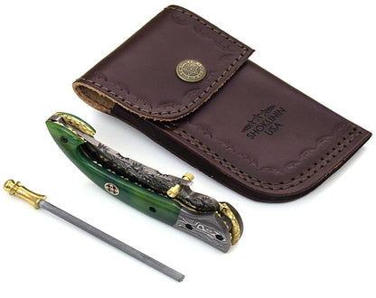 Omni Damascus Pocket Knife with Bone handle & Sheath