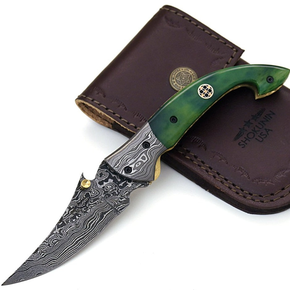 Omni Damascus Pocket Knife with Bone handle & Sheath