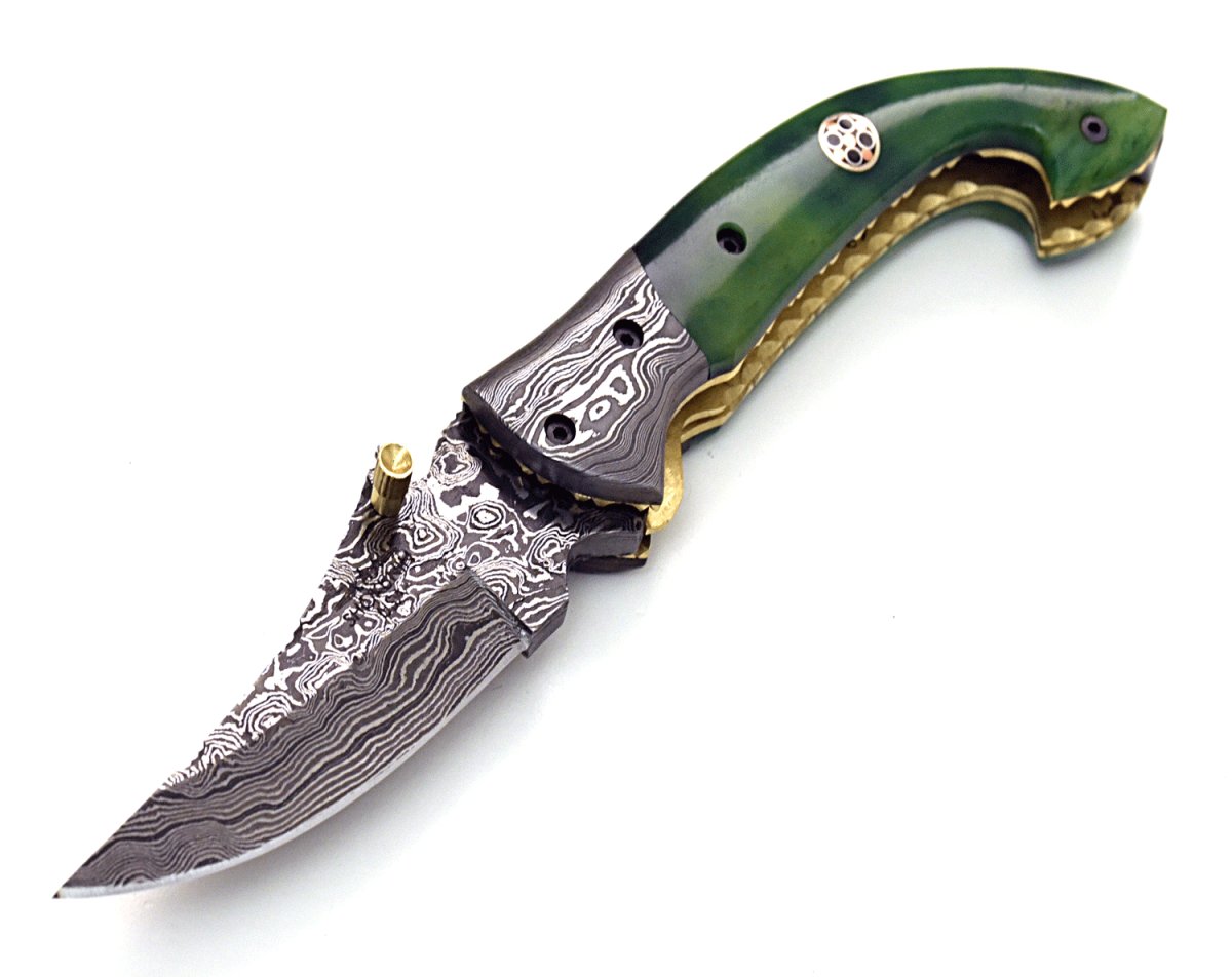 Omni Damascus Pocket Knife with Bone handle & Sheath
