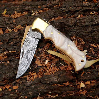 Pinnacle Damascus Pocket Knife with Mother of Pearl Handle