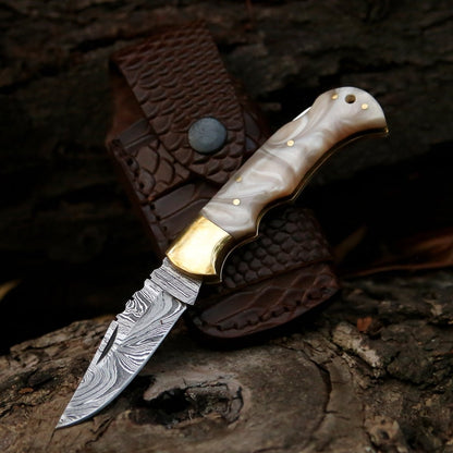 Pinnacle Damascus Pocket Knife with Mother of Pearl Handle