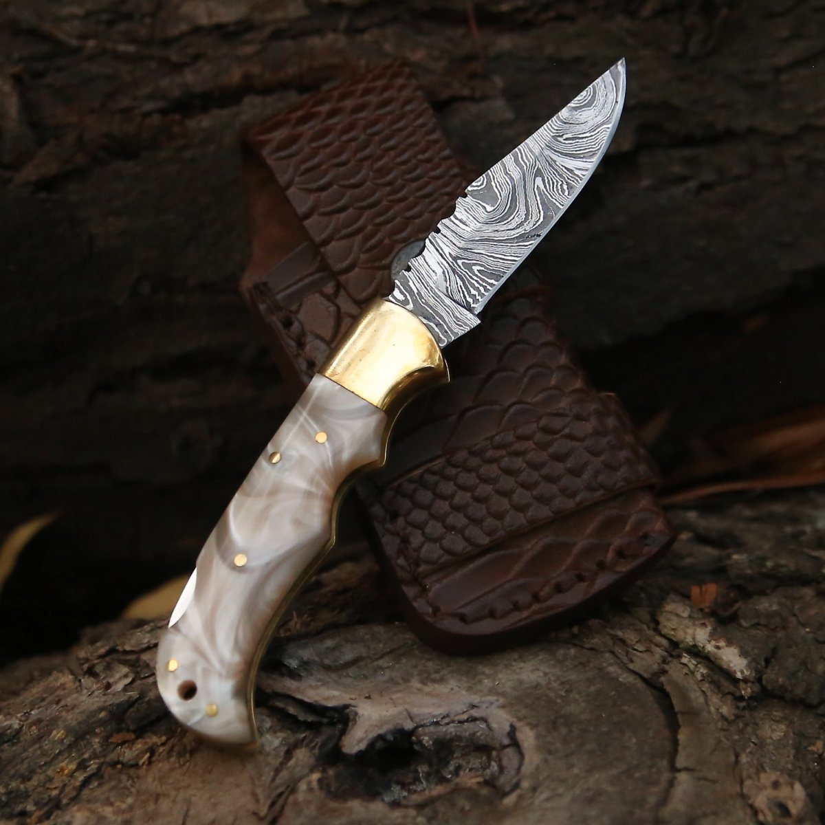 Pinnacle Damascus Pocket Knife with Mother of Pearl Handle