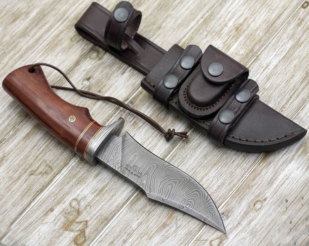 Polaris Damascus Hunting Knife with Exotic Red Heart Wood Handle