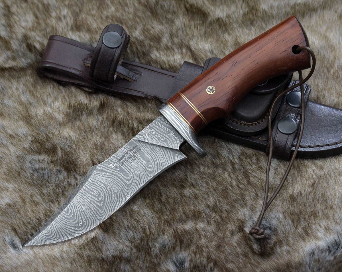 Polaris Damascus Hunting Knife with Exotic Red Heart Wood Handle