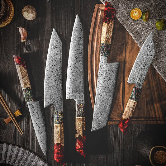 Pristine Japanese Chef Knife Set with VG-10 Damascus Steel Exotic Stabilized Olive Wood Handle & Sheath